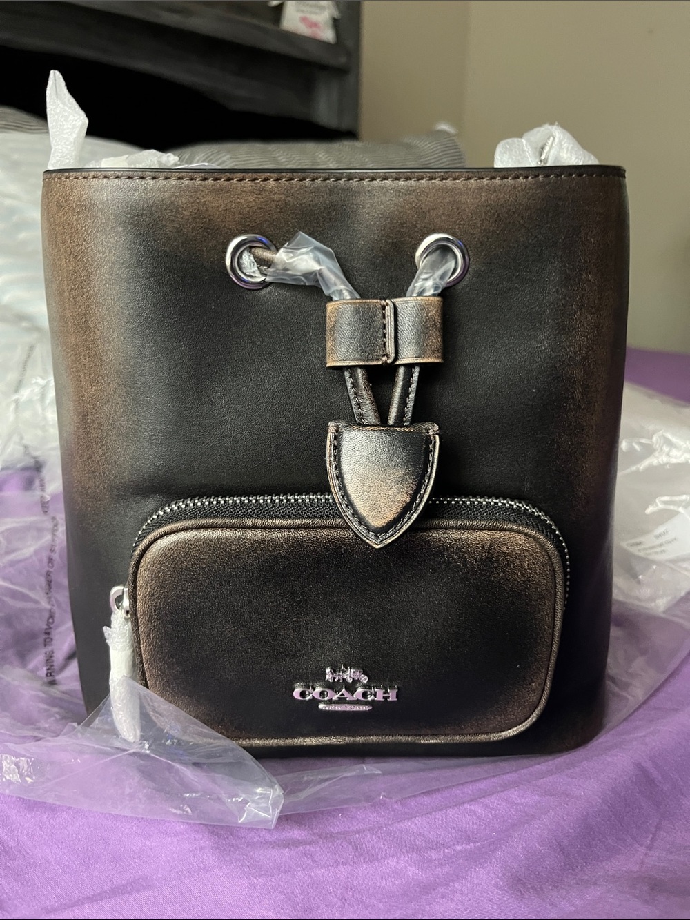 COACH Rowan Bucket Bag with Front Zip Pocket – Black Brown – NWT